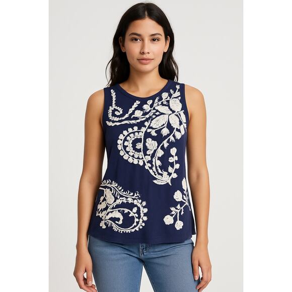 Boho Festival Embroidered Navy Sleeveless Tank Top Lucky Brand Medium - Picture 1 of 5
